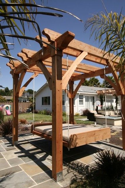 Pergola-Integrated Swing Bed with Adjustable Slats
