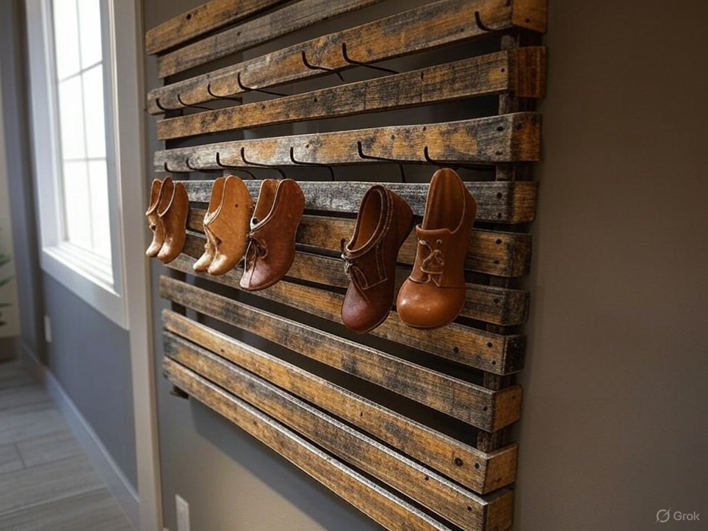 Wall-Mounted Pallet Shoe Rack with Hooks