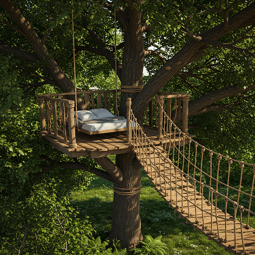 Treehouse Swing Bed with Rope Bridge Access
