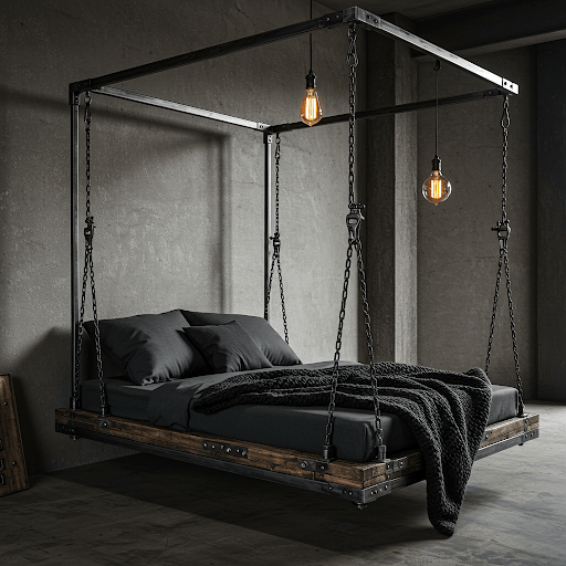 Industrial-Style Swing Bed with Metal Frame Accents