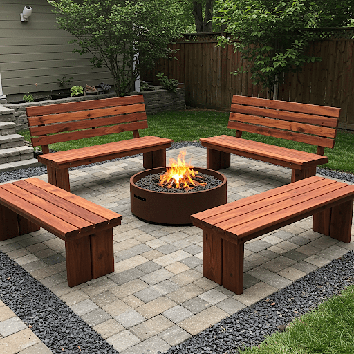 Modern Wooden Bench Fire Pit with Metal Ring