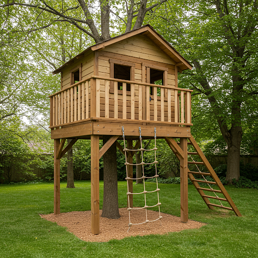 Treehouse-Inspired Playhouse with Rope Ladder