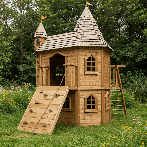 Castle Playhouse with Climbing Wall and Drawbridge