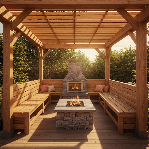 Wooden Pergola Fire Pit with Built-In Seating