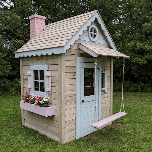 Fairy Tale Cottage Playhouse with Flower Box and Rope Swing