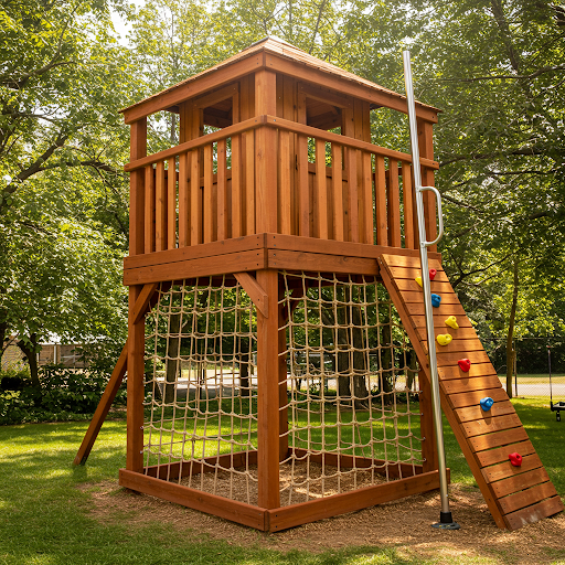 Adventure Tower Playhouse with Fireman’s Pole and Climbing Net