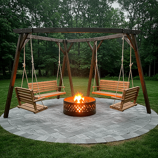 Wooden Swing Benches Around a Fire Pit