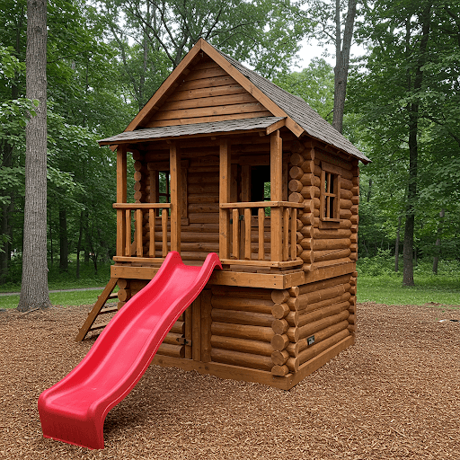 Rustic Log Cabin Playhouse with Porch and Slide