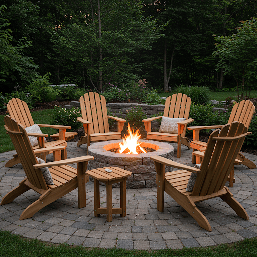Rustic Wooden Adirondack Chairs Around a Fire Pit
