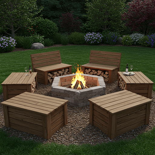 Wooden Fire Pit with Built-In Storage Benches