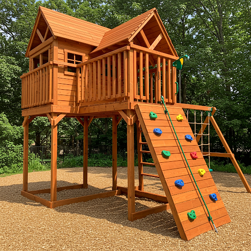 Multi-Level Playhouse with Bridge and Climbing Wall
