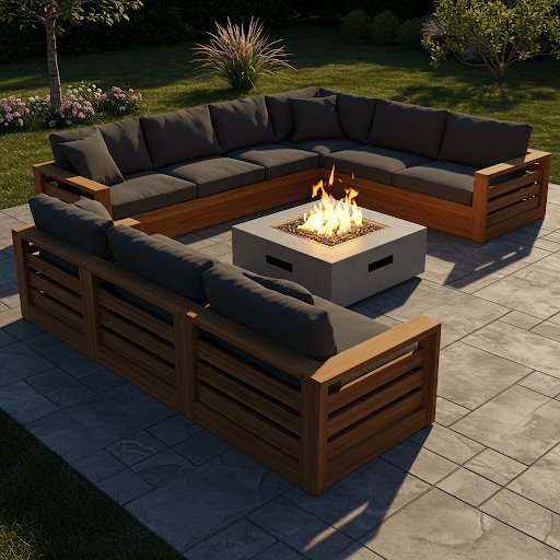 Modern Wooden Sectional Sofa Fire Pit Setup