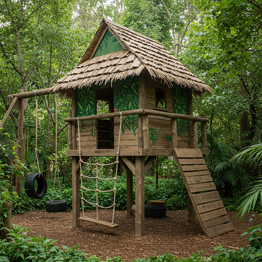 Jungle Hut Playhouse with Rope Ladder and Swing