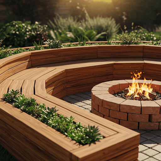 Wooden Fire Pit with Curved Bench and Planter Integration
