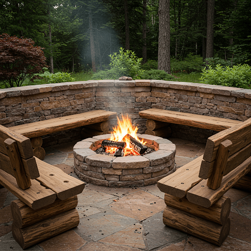Rustic Log Bench Fire Pit with Stone Surround